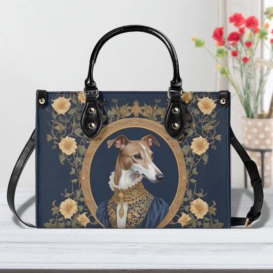 Elegant Greyhound Crossbody Bag in Golden Elizabethan Attire - Art Nouveau Vegan Leather Purse