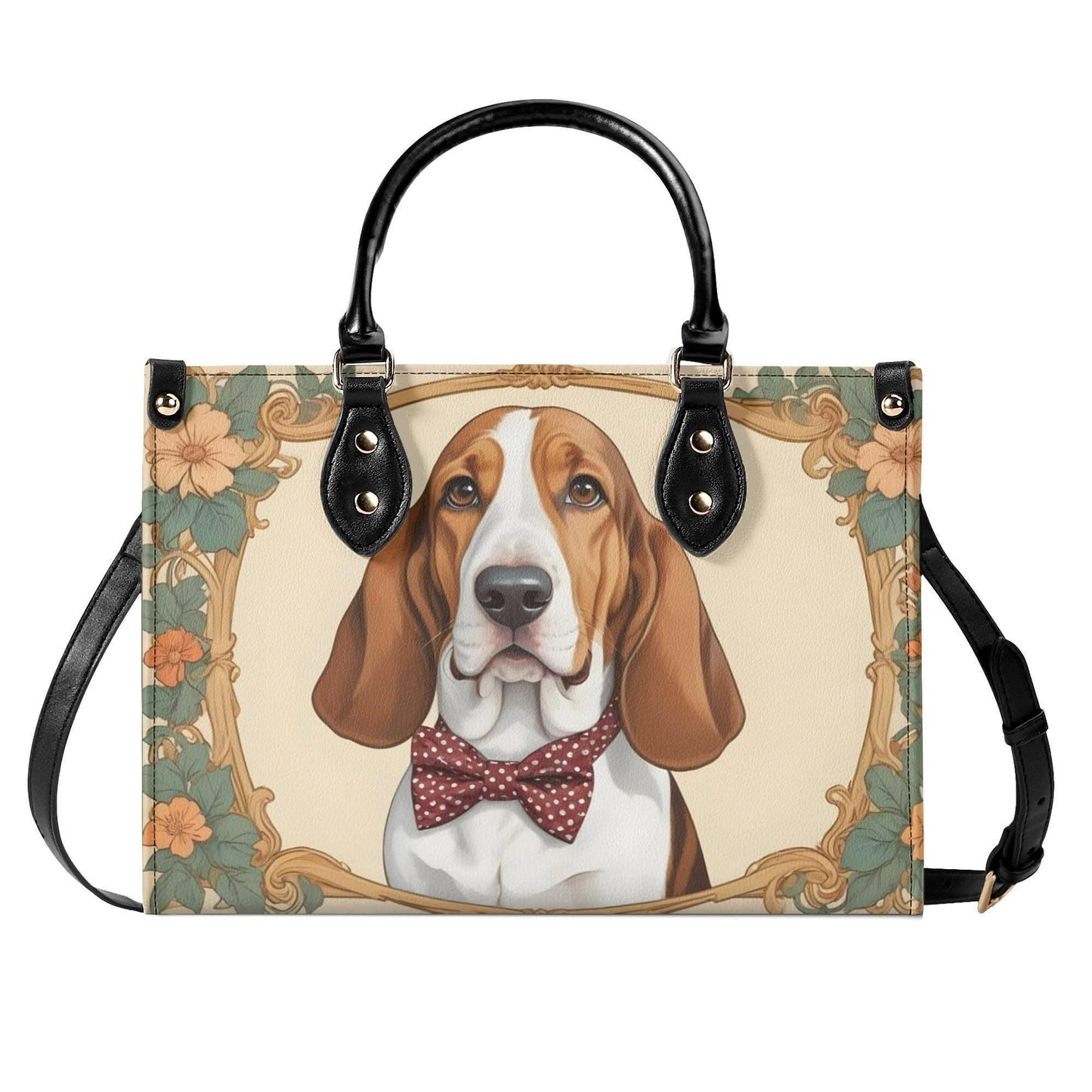 Basset Hound Dog in Polka Dot Bow Bag Cute Crossbody Bag Unique Purse Cute Purse, Luxury Bag Vegan Leather Bags Printed Designer Bag