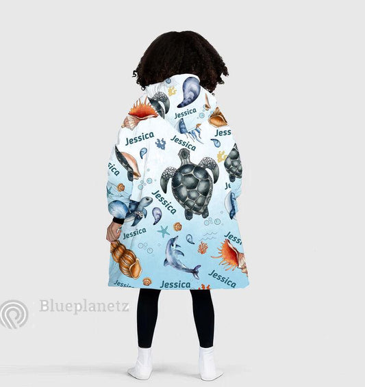 Custom Name Hoodies Blanket, Personalized Under The Sea Ocean Animal Turtle Wearable Hoodie Blanket, Oversized Blanket, Christmas Gift