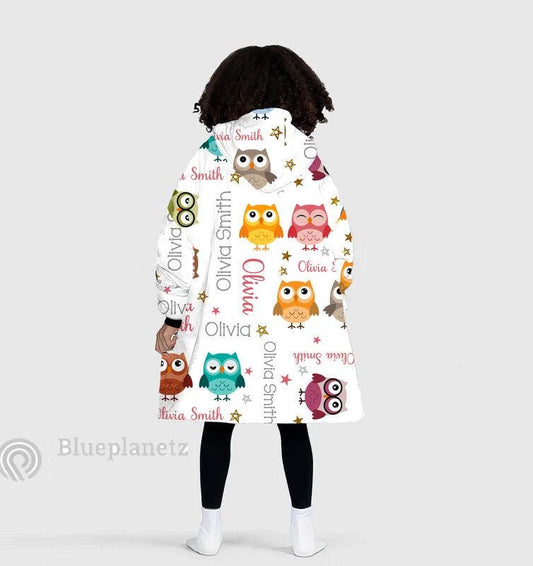 Custom Name Hoodies Blanket, Personalized Owl Wearable Hoodie Blanket, Oversized Blanket, Christmas Gift