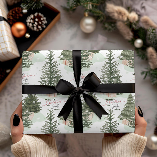 Personalized Christmas Tree Gift Wrapping Papers - Family Name Christmas Gift wrap - Classic Last Name Gift Wrap - Simple Gift Wrap