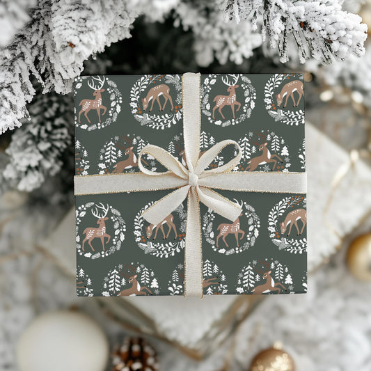 Woodland Deer Christmas Gift Wrapping Paper - Woodsy whimsical Animals - Folk Art Whimsy Gift Wrap