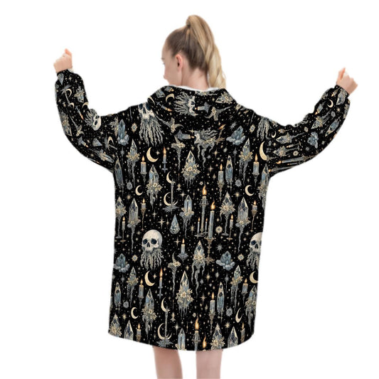 Crystal Skull Blanket Hoodie, Moon Boho Witchy Black Hooded Jumper, Gothic Floral Cute Winter Fall Accessory