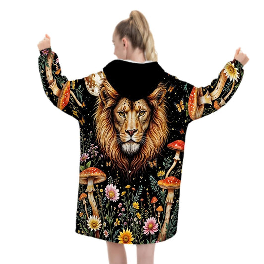 Mystic Lion Wildflower Blanket Hoodie, Mushroom Black Witchy Black Wildflower Hooded Jumper, Hippie Boho Long Sleeve Fashion Loungewear