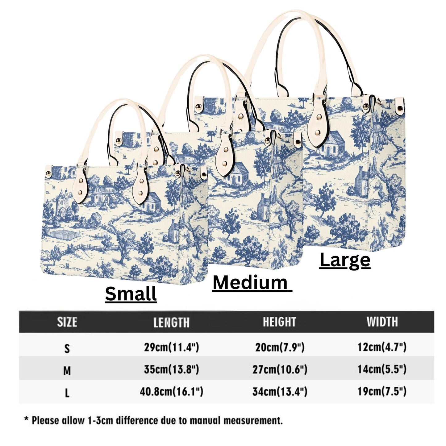 Toile-de-jouy Vintage-Inspired Handbag. Square Tote Bag, Waterproof PU Leather Tote, Top Handle Vegan Leather, Crossbody, Shoulder bag,