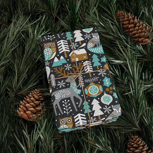Folk Art Christmas Gift Wrapping Paper - Woodsy whimsical Animals - Folk Art Whimsy Gift Wrap