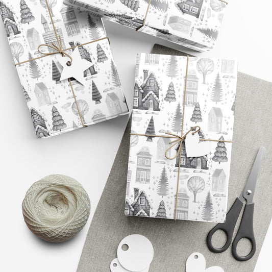 Grey Cottage Gift Wrap Papers - Retro Christmas Gift wrapping - Nostalgic Gift Wrapping paper