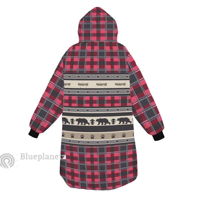Custom Name Christmas Hoodies Blanket, Personalized Plaid Christmas Bear Wearable Hoodie Blanket, Custom Pattern Oversized Blanket