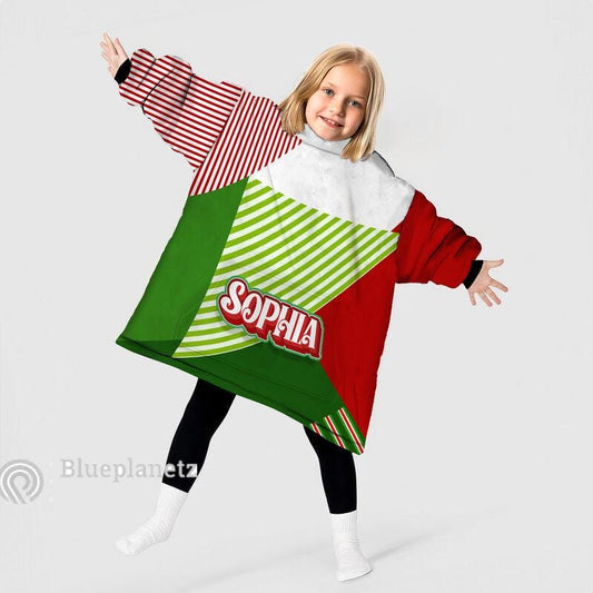 Custom Name Christmas Hoodies Blanket, Personalized Color Block Red Green Christmas Wearable Hoodie Blanket, Christmas Oversized Blanket