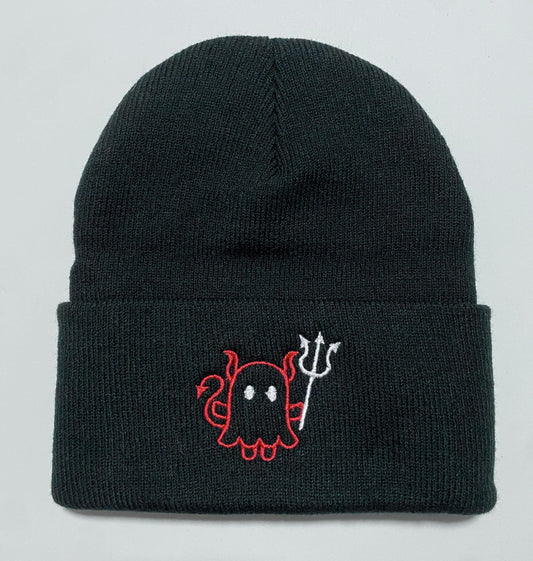 Embroidered Cute Ghost Devil w Pitchfork Beanie, Gift for Halloween, Spooky Casual Halloween Winter Wear, Simple Cute Winter Hat