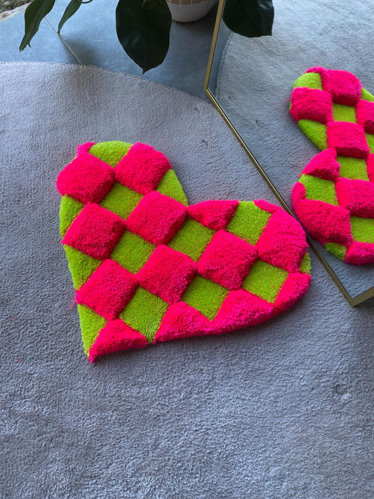 3D Heart Shaped Tufted Rug Pink & Green Checkerboard Design, Colorful Boho Floor Mat, Love Heart Rug, Unique Area Rug, Playful Home Decor
