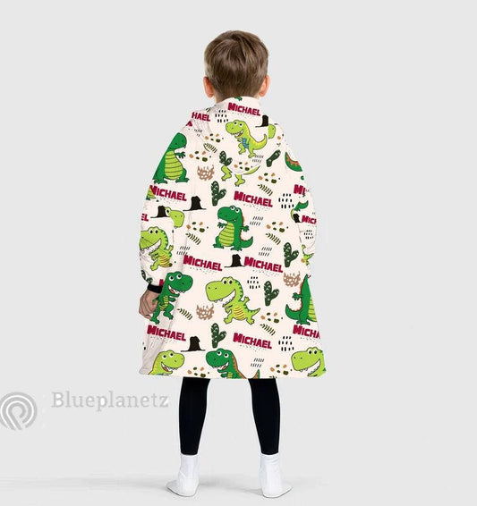 Custom Name Hoodies Blanket, Personalized Dino Wearable Hoodie Blanket, Christmas Oversized Blanket, Christmas Gift Kid Adult Blanket Hoodie