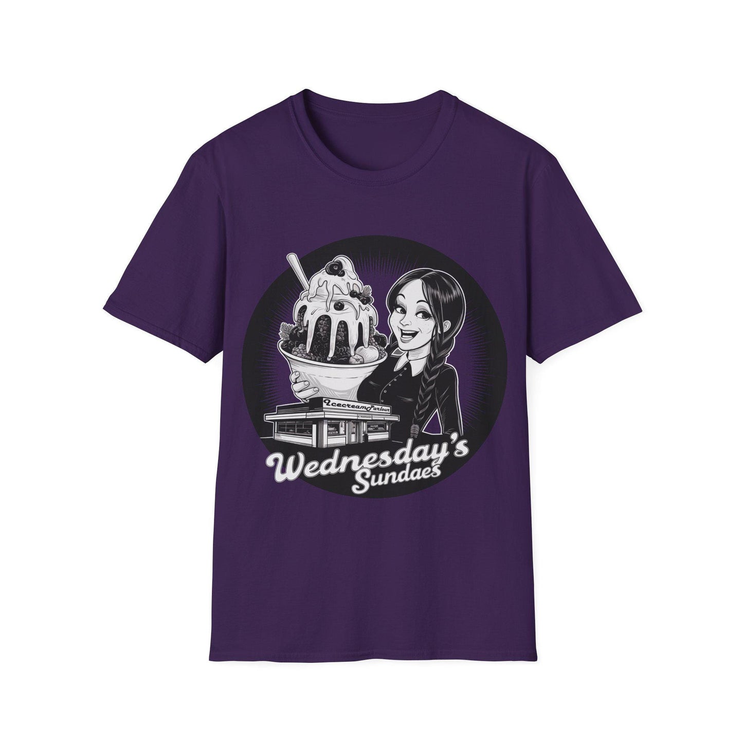 Retro icecream vendor T-shirt, ideal gift for Wednesdays child, Americana design style, cool monochrome image, birthday gift for Wednesdays