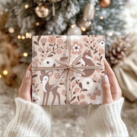 Pink Girls Christmas Woodland Gift Wrap Papers - Kids Woodsy Wrapping Paper Child Gift Wrap