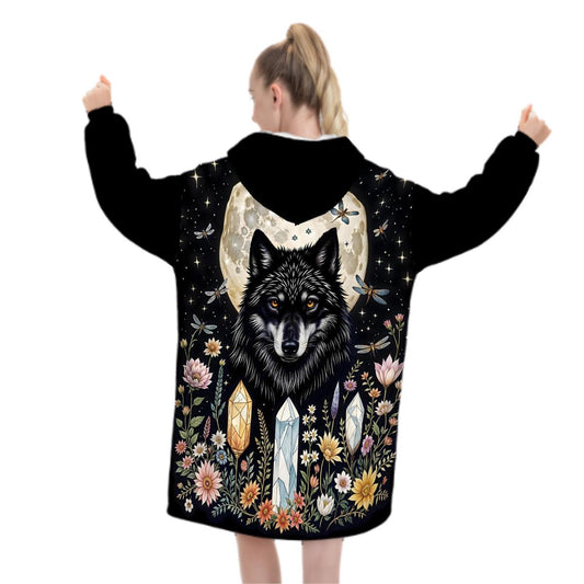 Black Wolf Crystal Blanket Hoodie, Wildflower Moon Boho Witchy Black Hooded Jumper, Gothic Floral Cute Winter Fall Accessory