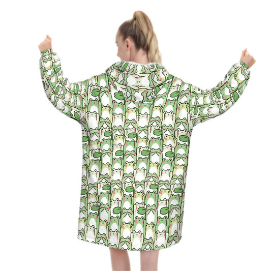 Green Kawaii Frog Blanket Hoodie, Funny Hooded Jumper, Kawaii Anime Cute Winter Fall Accessory