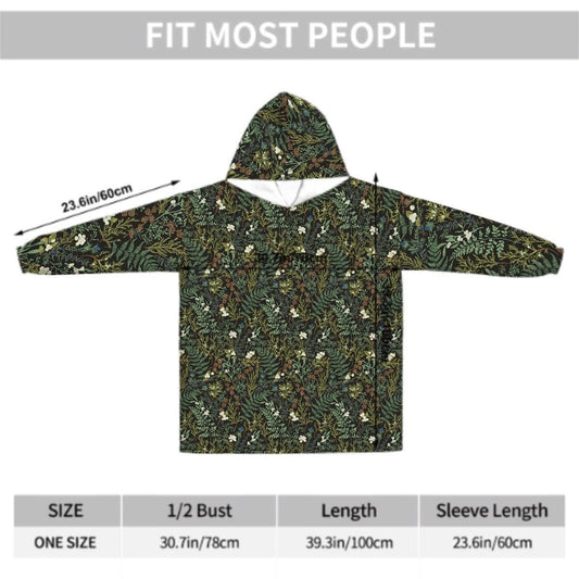 Green Wildflowers Blanket Hoodie, Cottagecore Boho Witchy Black Womens Hooded Jumper, Nature Winter Fall Accessory