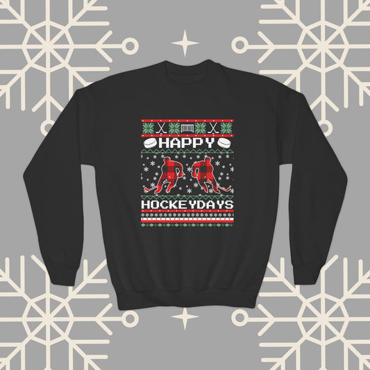 Youth Happy Hockeydays Ugly Christmas , Kids Hockey Christmas Sweatshirt, Gift for Hockey Player