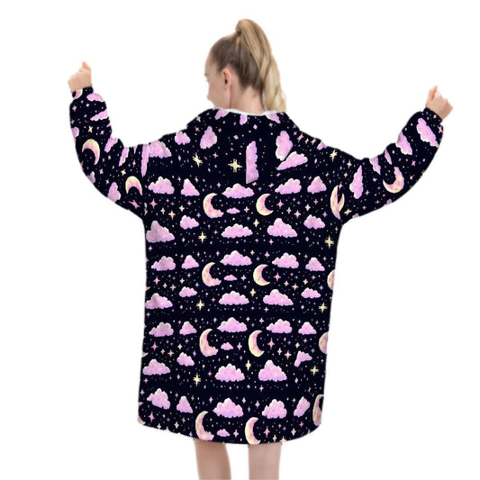 Pixel Art Pink Purple Moon Blanket Hoodie, Retro Kawaii Anime Gamer Hooded Jumper, Cute Long Sleeve Fashion Loungewear for Women