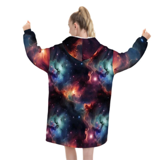 Rainbow Nebula Galaxy Blanket Hoodie, Retro Space Gamer Hooded Jumper, Cute Long Sleeve Fashion Loungewear for Women