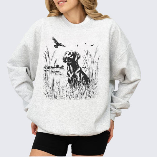 Black Labrador Retriever Nature Scene Sweatshirt, Retro Lab Sweater, Dog lover gift, Outdoor Nature Graphic, Unisex Duck Hunting Pullover