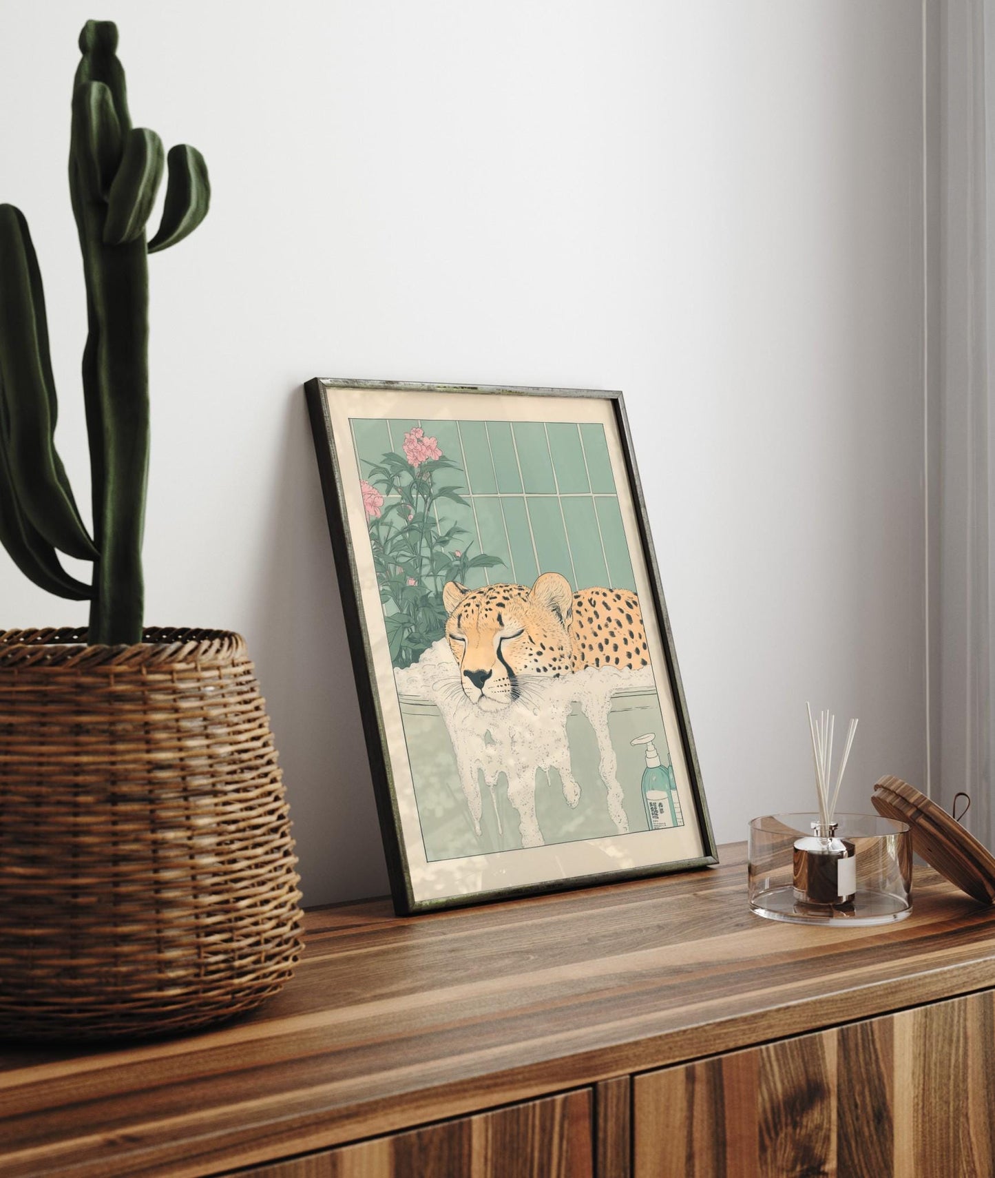 Cheetah in Bathtub Ukiyo-e Print: Funny Japandi Bathroom Art