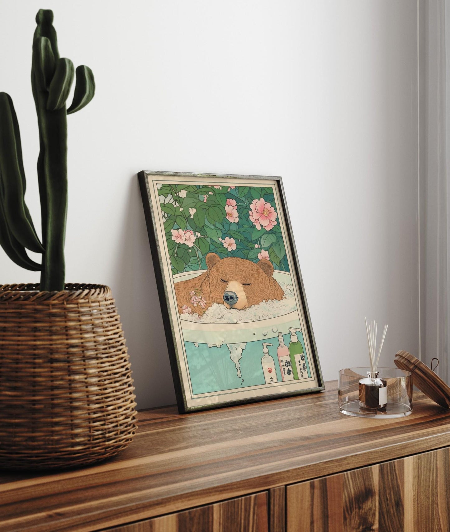 Brown Bear Bathtub Print: Japanese Ukiyo-e Art, Japandi Decor