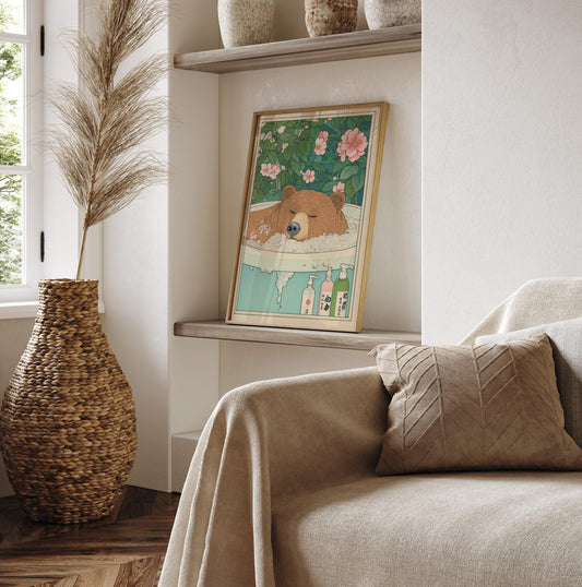 Brown Bear Bathtub Print: Japanese Ukiyo-e Art, Japandi Decor