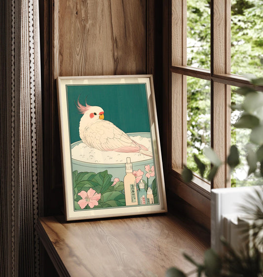 Cute cockatiel in bathtub, Funny bathroom print, Japanese art print, Ukiyo-e wall art, Bird art print, Aesthetic bathroom decor