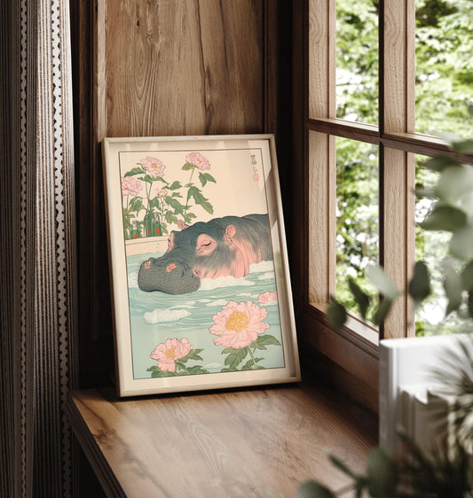 Hippo in Bathtub Ukiyo-e Print: Japanese Bathroom Art