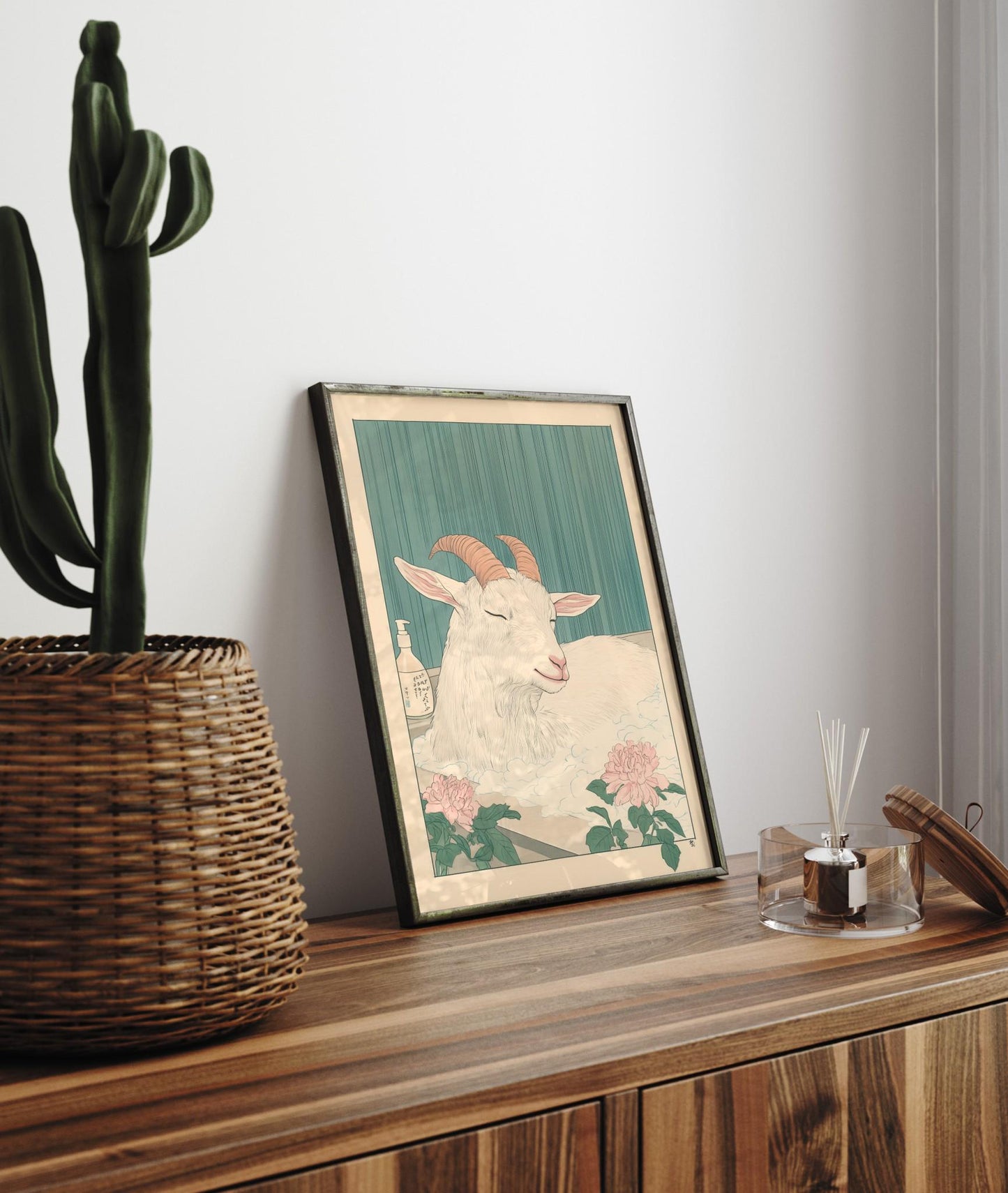 Goat in Bathtub Print: Japanese Minimalist Bathroom Art