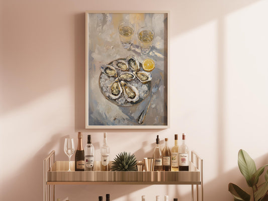 Oyster and White Wine Bar Cart Art Print | Cute Quirky Whimsical | Cocktail Art Bar Cart Decor | Coastal Wall Art | Oyster Art Print Gift