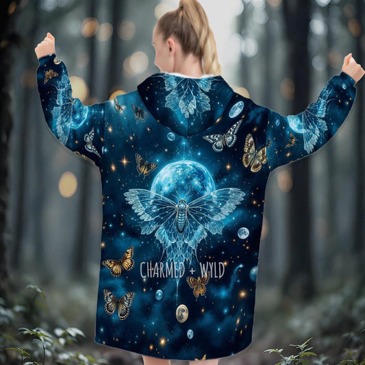 Mystical Butterfly Moon Mushroom Blanket Hoodie, Blue Witchy Galaxy Space Hooded Jumper, Lounge Sleepwear Pyjamas, Women Cottagecore Fashion