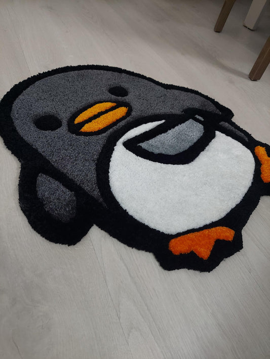 Cute Tufted Penguin Rug with Knife Design – Fun and Unique Handmade Floor Mat, Cartoon Penguin Bath Mat, Funny Kawaii Decor
