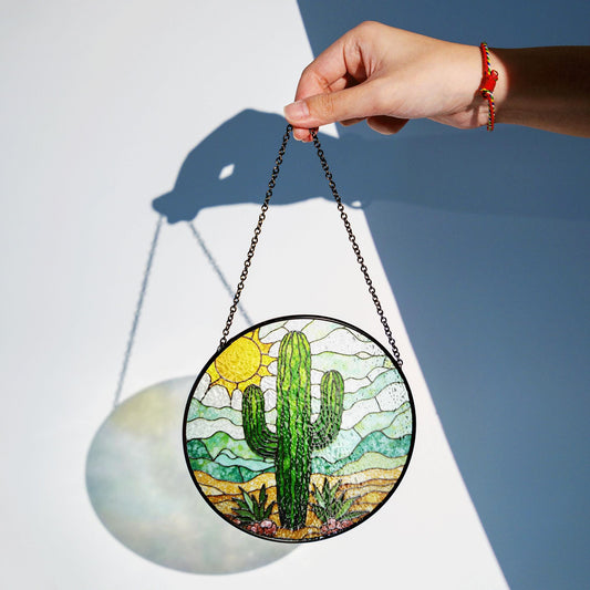 Cactus Stained Glass Sun Catcher Desert Landscape Green Cactus Gifts for Garden Lovers Home Decor