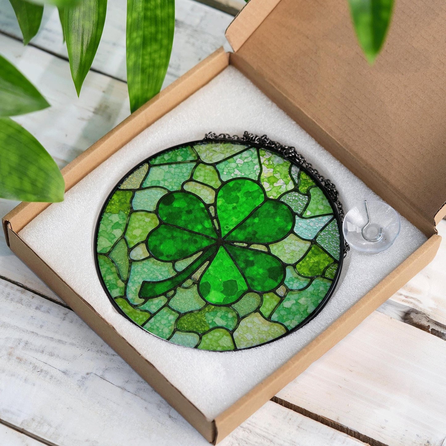 Green Four Leaf Clover Stained Glass Suncatcher Window Decoration Unique Gift for St Patrick's Day