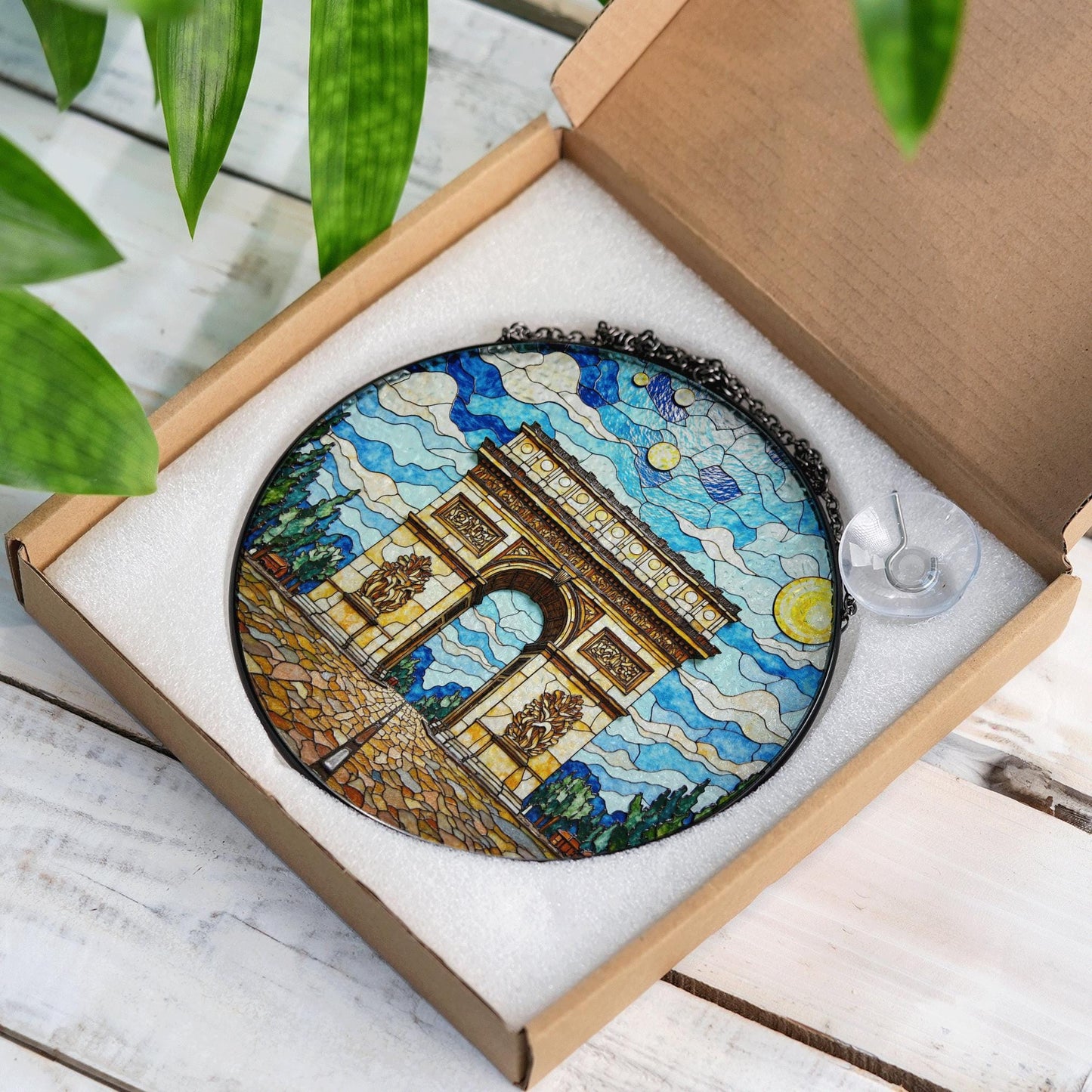 Stained Glass Arc de Triomphe Suncatcher with Vibrant Sky Art Handmade Gift for Architecture Lovers