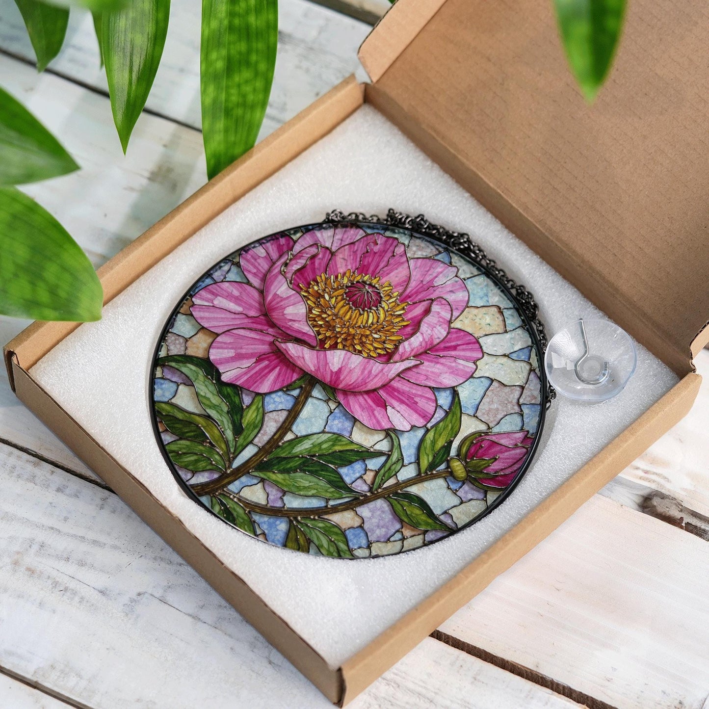 Pink Peony Stained Glass Suncatcher Handcrafted Floral Sun Catcher Gift for Mother's Day
