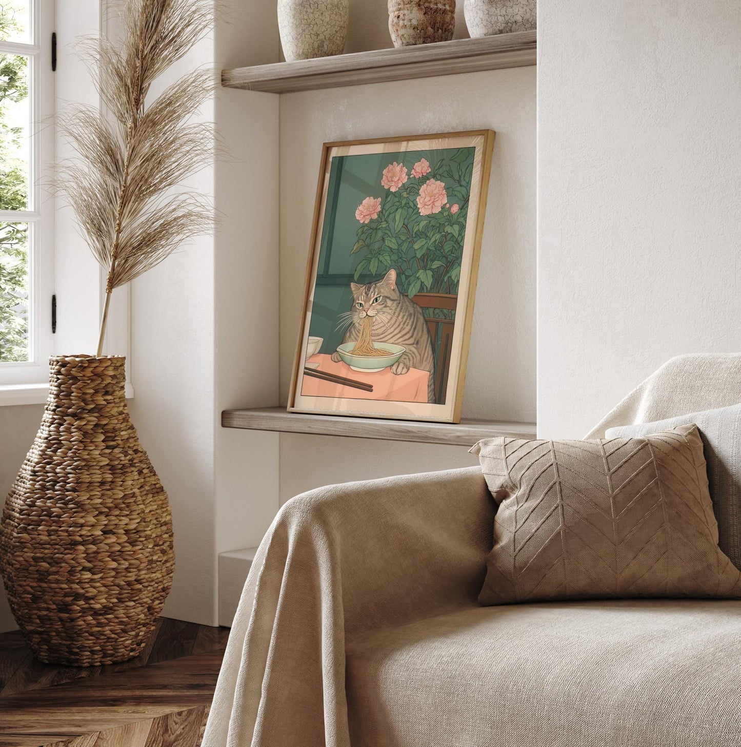 Tabby Cat Eating Noodles: Ukiyo-e Art Print, Japanese Kitchen Poster