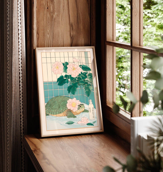 Sea Turtle Bathroom Print: Japanese Ukiyo-e Style Floral Art