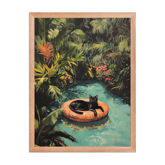 Black Cat Art Print: Tropical Pool, Quirky Home Decor