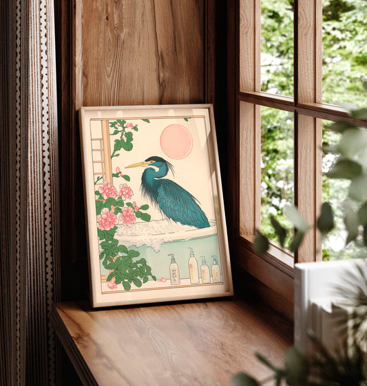 Ukiyo-e Heron in Bathtub Print: Japanese Bird Art, Minimalist Home Decor