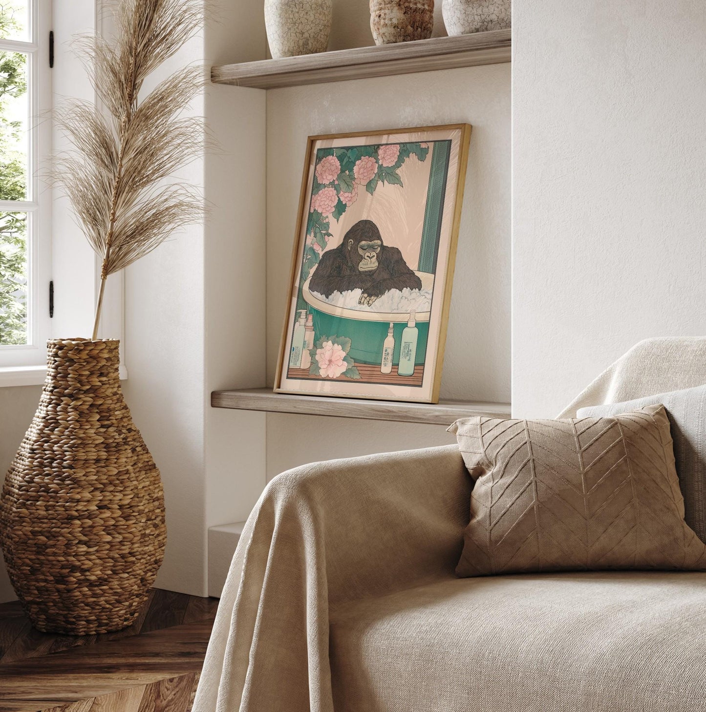 Gorilla in Bathtub Art Print: Funny Japandi Bathroom Wall Decor