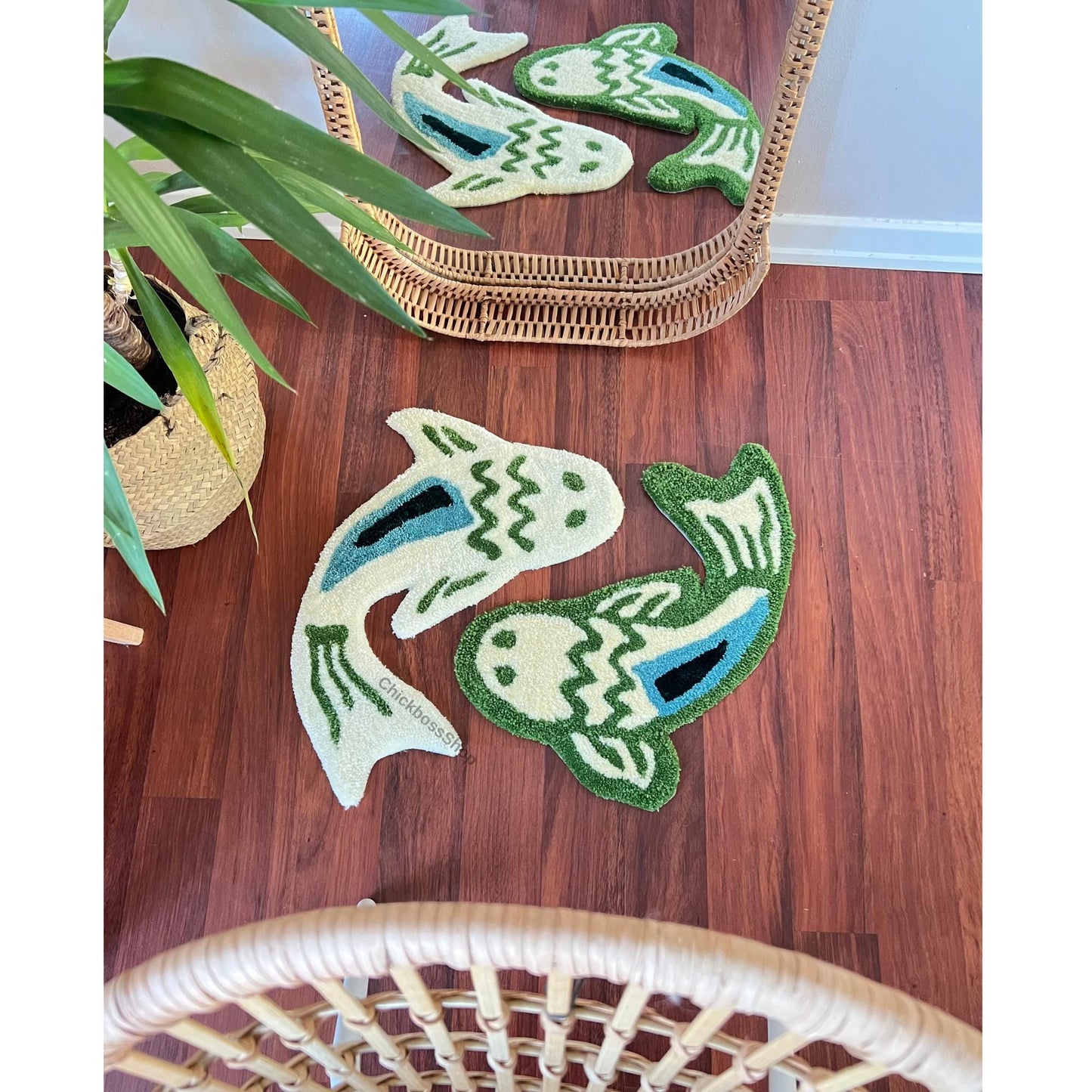 Handmade Koi Fish Rug: Green & Blue Yin Yang Design