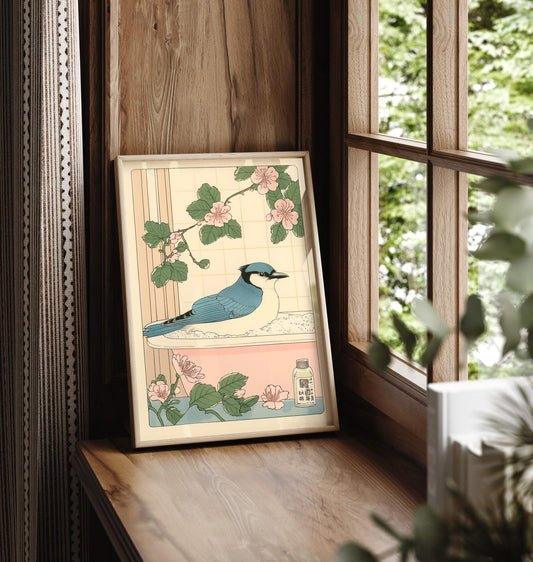 Blue Jay in Bathtub Print: Japanese Bathroom Art