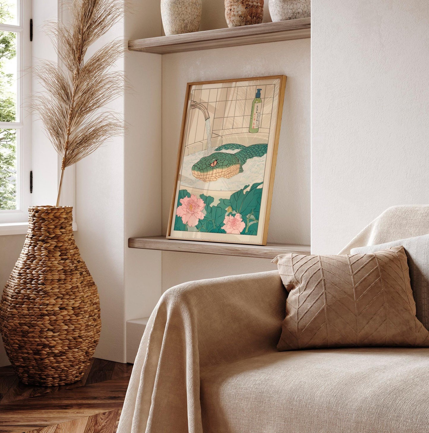 Ukiyo-e Snake Print: Green Serpent in Bathtub, Japanese Bathroom Art