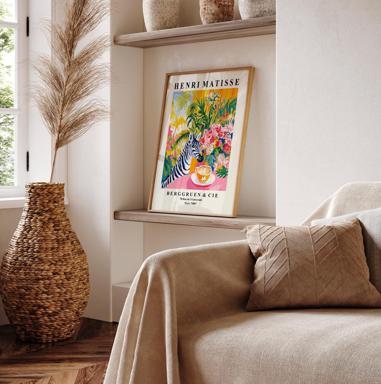Zebra Coffee Art Print: Matisse Style Floral Wall Decor