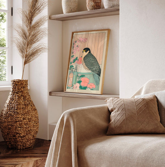Peregrine Falcon Art Print: Ukiyo-e Japanese Style Bathroom Decor