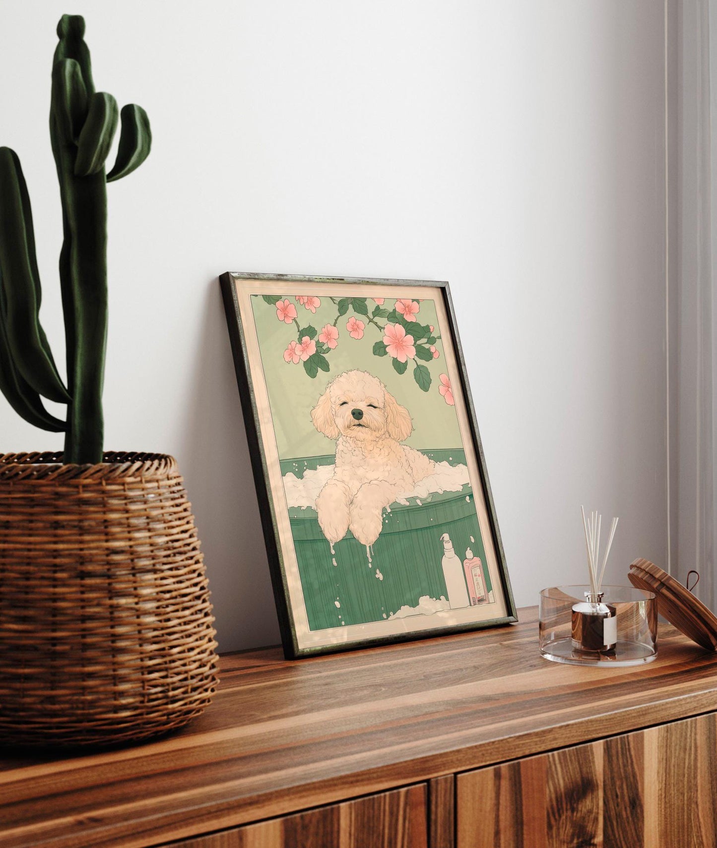 Toy Poodle in Bathtub Art Print: Japanese Ukiyo-e Illustration