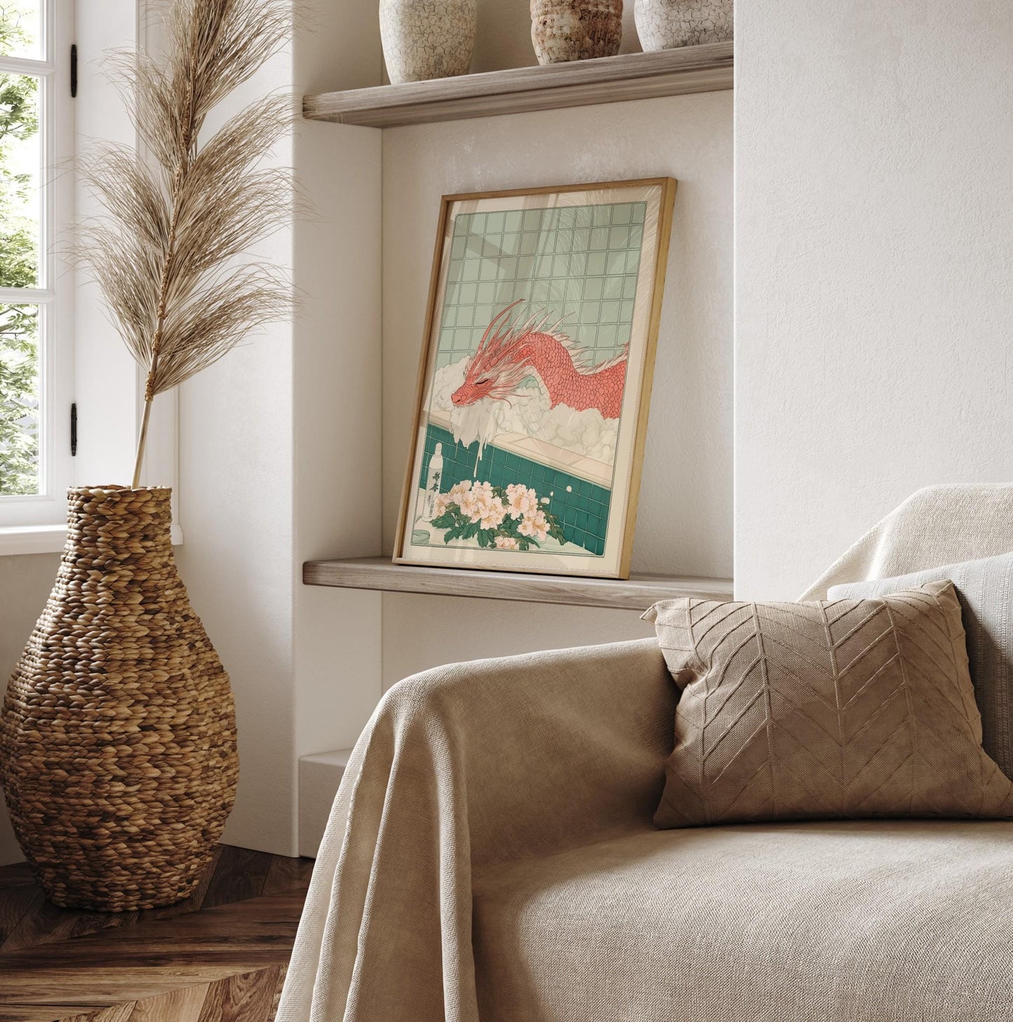 Red Dragon Bath Print: Ukiyo-e Japanese Art, Japandi Bathroom Decor